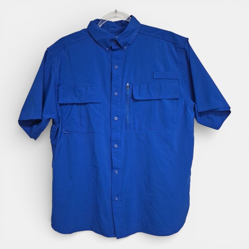 Silver Bait Mens Medium Fishing Shirt Blue Short Sleeve Vented Button Up Pockets